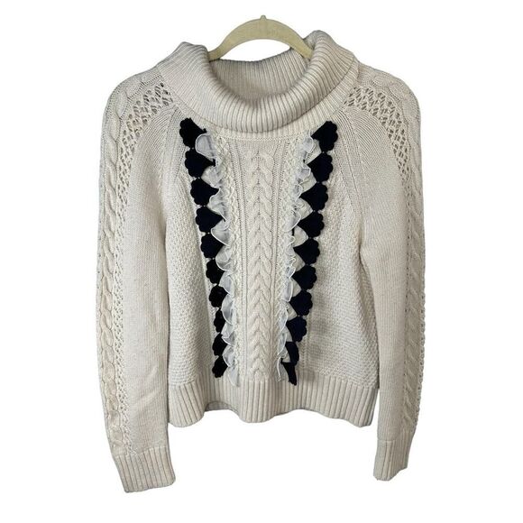 J Crew Cream wool blend cable knit sweater with navy ruffles XS - Picture 5 of 11